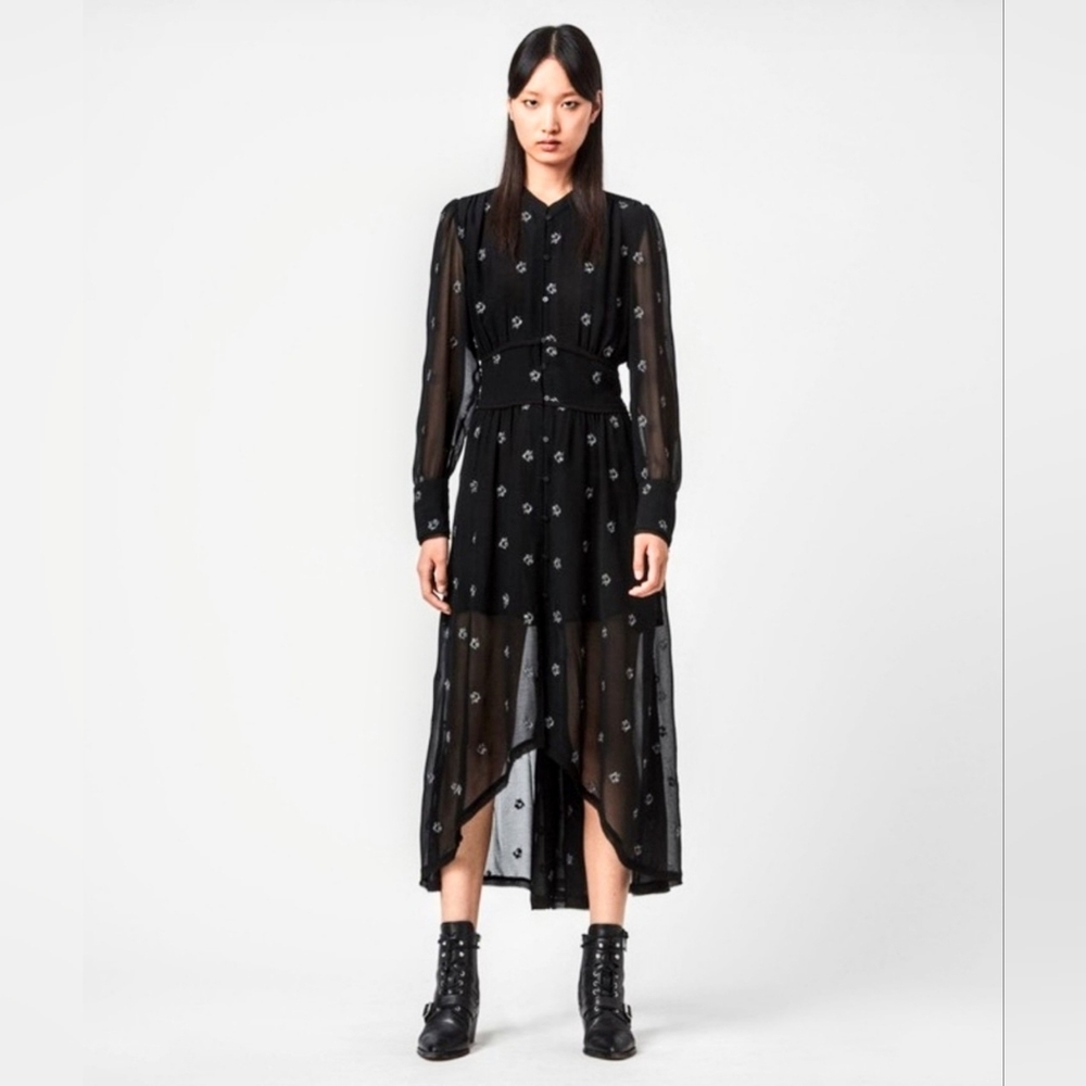 ALLSAINTS Sz S Liza Cyla Print Dress Embroidery & Beading Hi/Low SemiShe…